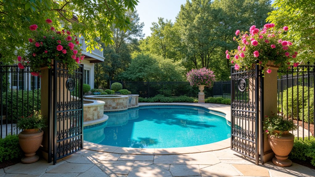 23 Stylish Pool Landscaping With Fence Ideas That Feel Secure and Chic floral accents on fences