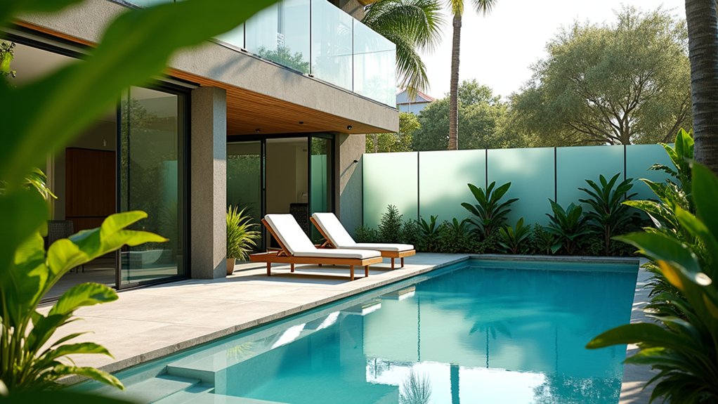 23 Stylish Pool Landscaping With Fence Ideas That Feel Secure and Chic frosted glass panel elegance