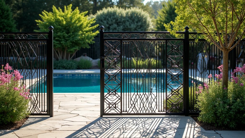 23 Stylish Pool Landscaping With Fence Ideas That Feel Secure and Chic geometric metal fencing elegance