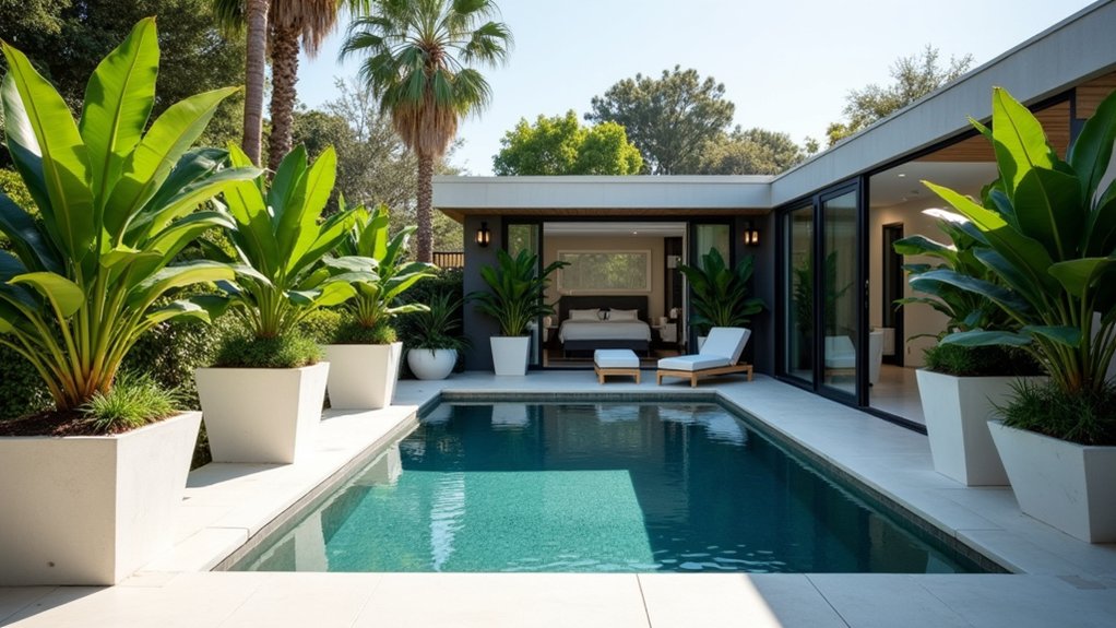 23 Modern Pool Landscaping Ideas That Redefine Backyard Design geometric planters for elegance