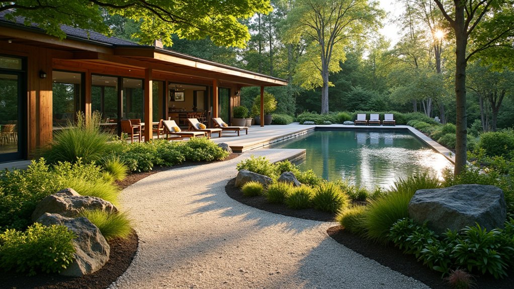 23 Cozy Rustic Pool Landscaping Ideas That Feel Warm and Inviting gravel pathway for tranquility