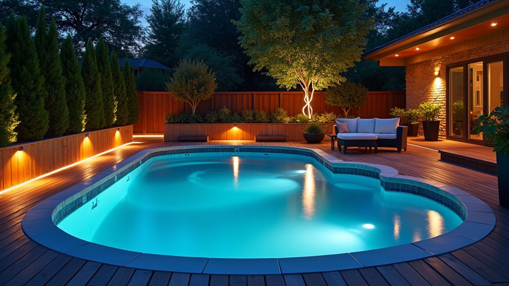 23 Creative Above Ground Pool Deck Small Yard Solutions That Work illuminated evening pool deck