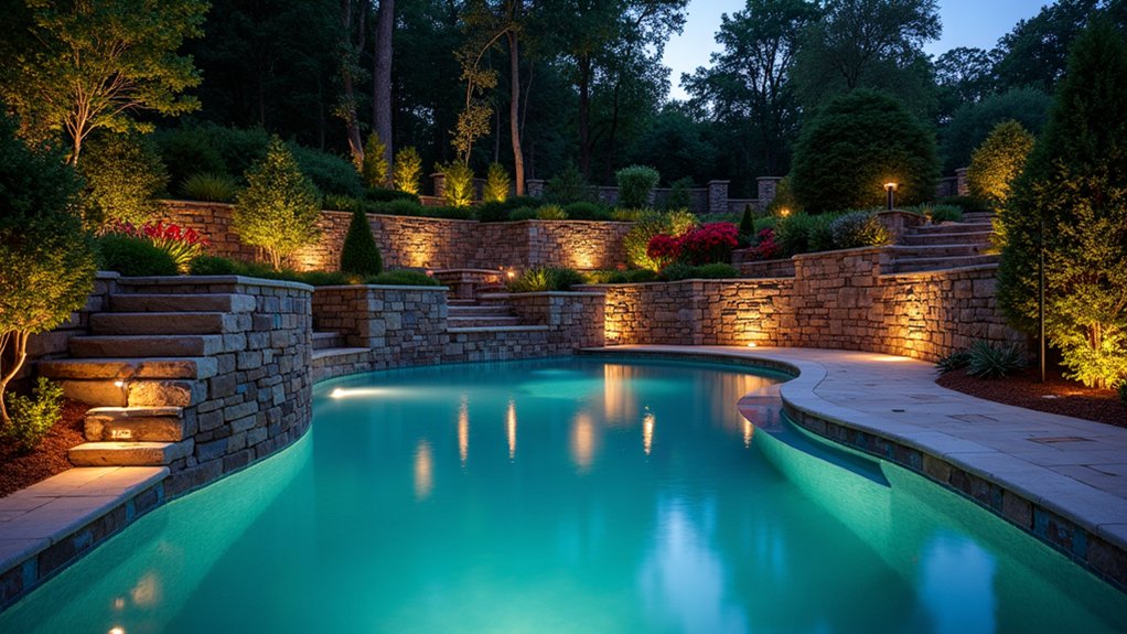 20 Functional Pool Landscaping With Retaining Wall Designs That Add Structure illuminated poolside retaining walls