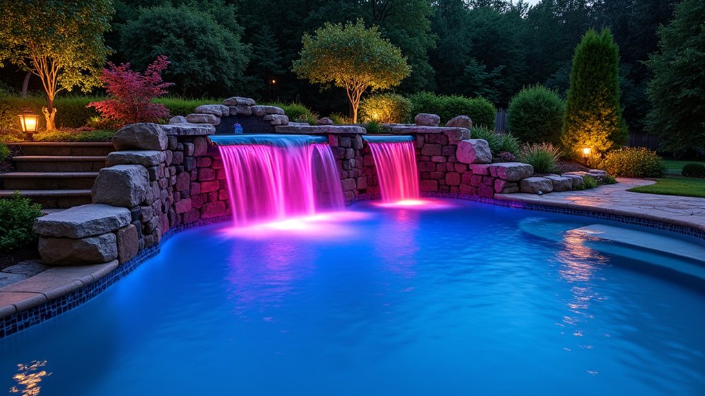 23 Dreamy Pool Ideas With Waterfall Features to Wow Guests illuminated waterfall backyard oasis