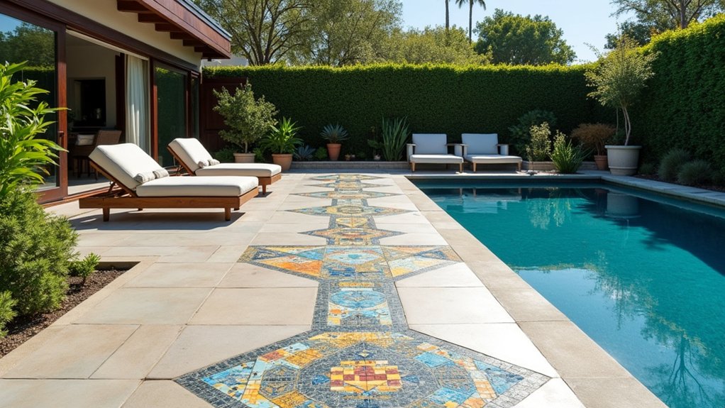 19 Durable Pool Deck Concrete Ideas That Are Built to Last inlaid tiles for elegance