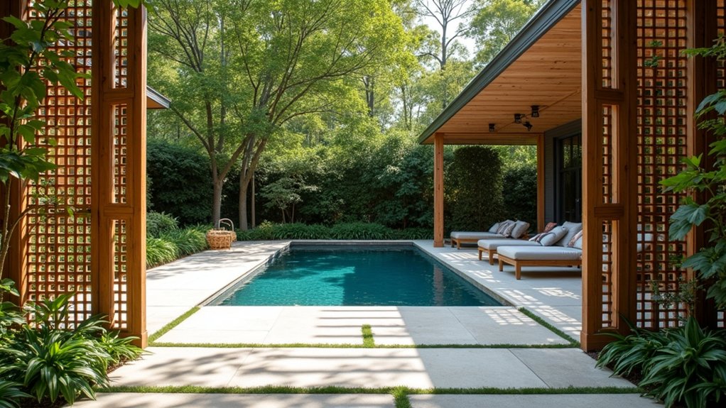 23 Smart Pool Deck Privacy Ideas That Still Feel Open lattice panels for privacy
