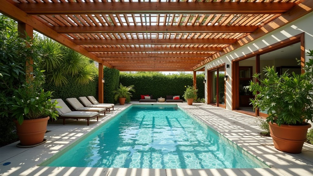 21 Clever Pool Deck Shade Ideas for Cool Summer Days lattice roof enhances poolside