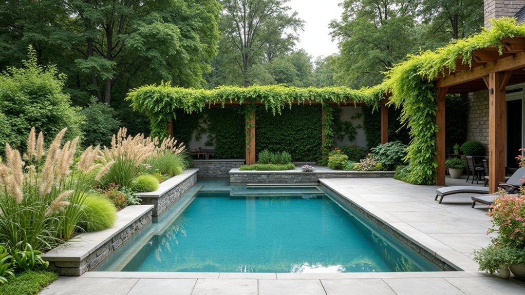 23 Smart Pool Deck Privacy Ideas That Still Feel Open layered landscaping for privacy