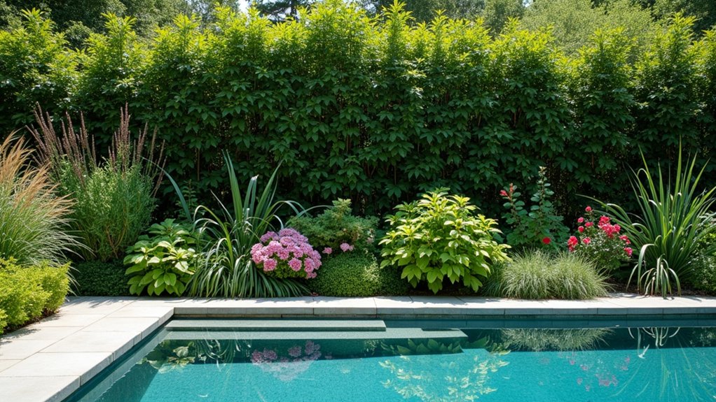 20 Smart Pool Landscaping for Privacy That Still Looks Great layered mixed plant privacy