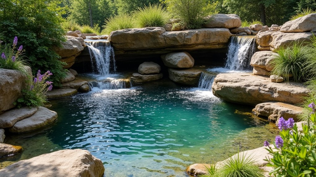 23 Natural Pool Landscaping With Rocks for Earthy, Organic Style layered rock waterfall oasis
