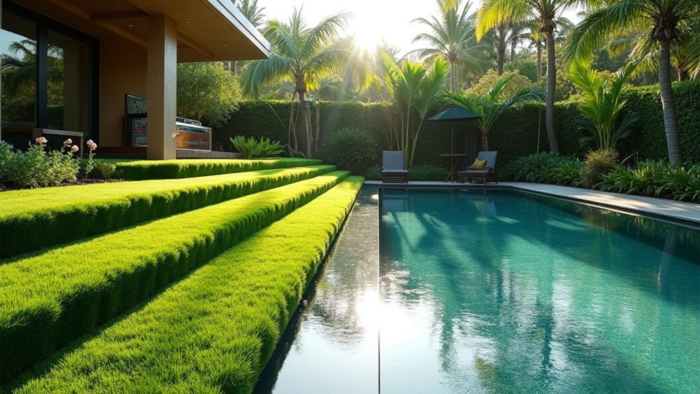 23 Fresh Pool Landscaping With Turf for a Lush, Low-Maintenance Look layered turf for depth