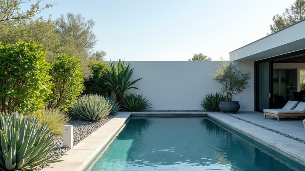 18 Sleek Minimalist Pool Landscaping Ideas That Keep It Simple low maintenance poolside greenery options
