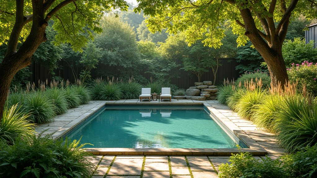 23 Cozy Rustic Pool Landscaping Ideas That Feel Warm and Inviting lush greenery backyard oasis