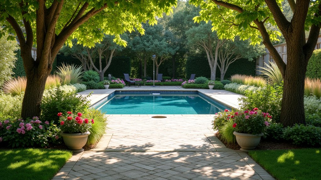 23 Smart Pool Landscaping With Pavers That Upgrade Your Walkways lush greenery enhances poolside elegance