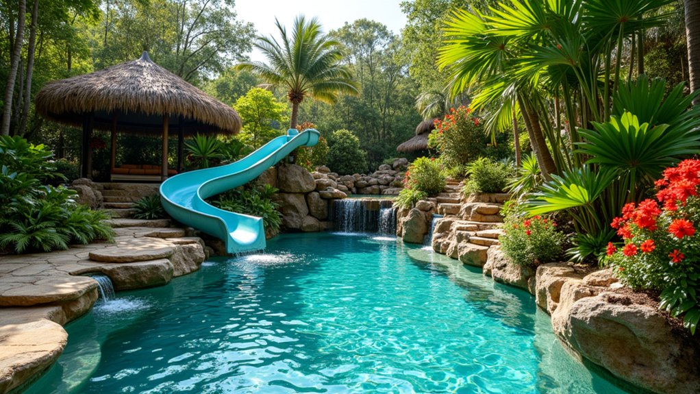 23 Fun Pool Landscaping With Slide Features Kids Will Love lush jungle adventure oasis