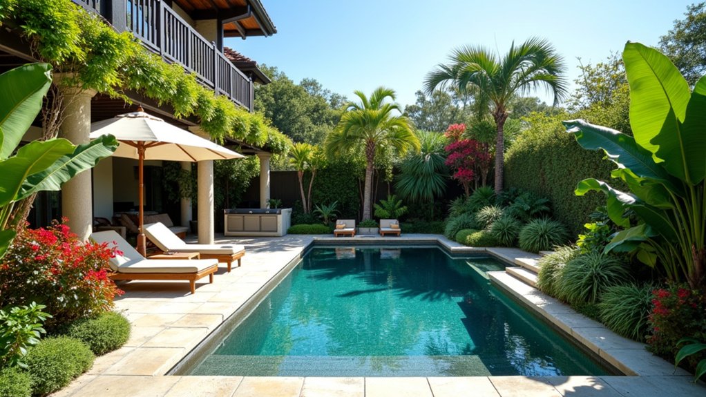20 Clever Backyard Above Ground Pool Landscape Ideas That Work in Any Yard lush poolside garden oasis