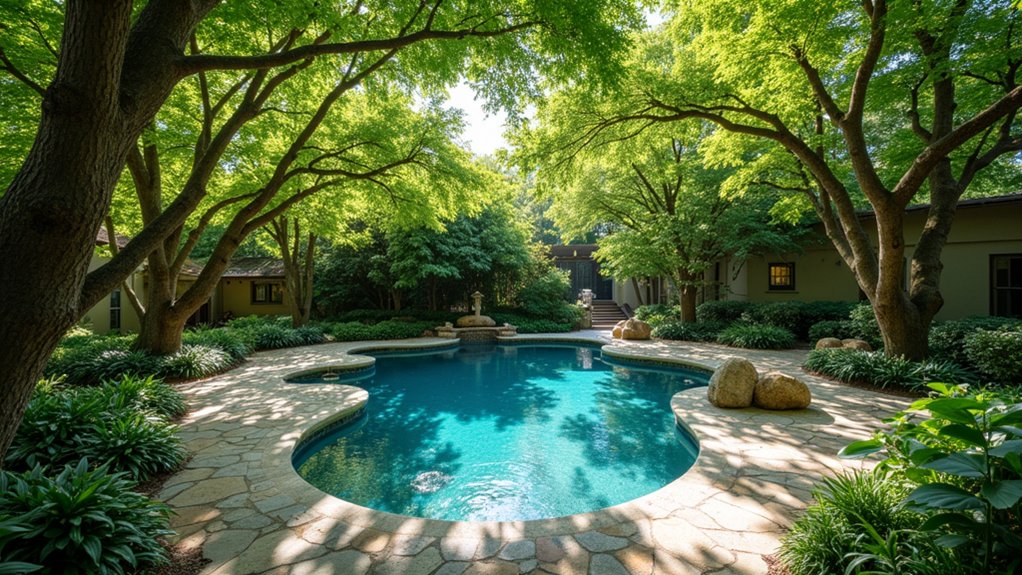 15 Inviting Pool Landscaping With Trees for Shade and Serenity lush tree canopy oasis