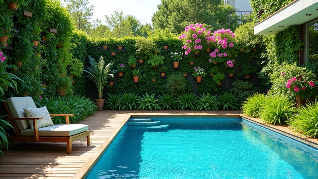 21 Lively Pool Deck Decorating Ideas With Potted Plants for Natural Charm lush vertical garden sanctuary