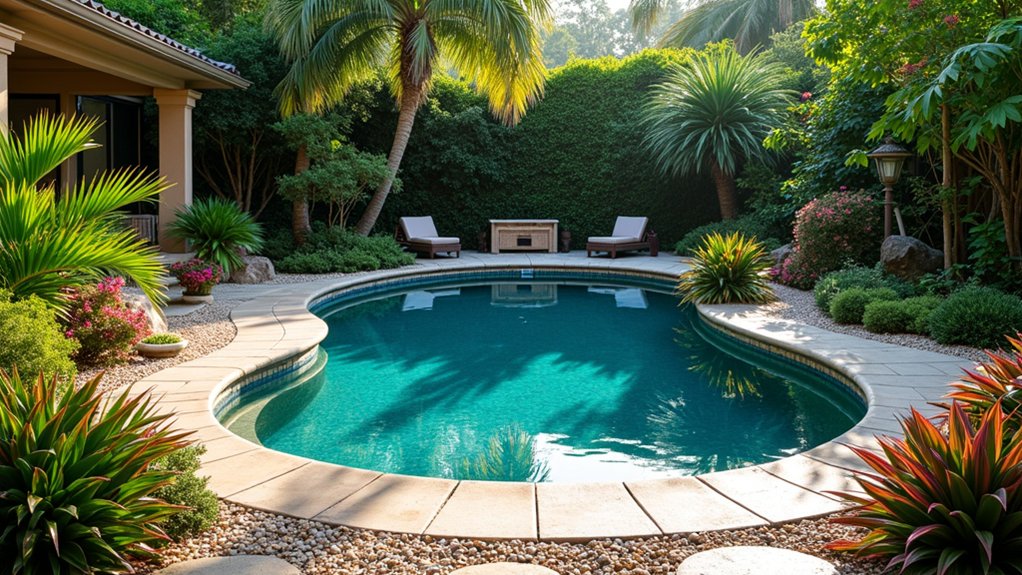 18 Creative Oval Above Ground Landscaping Ideas That Break the Mold lush vibrant poolside oasis
