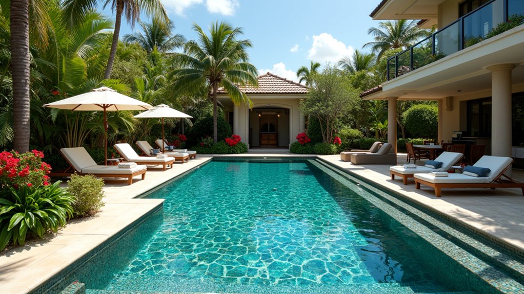 15 Lavish Luxury Pool Landscaping Ideas for a Resort-Level Experience luxury custom tiled pool