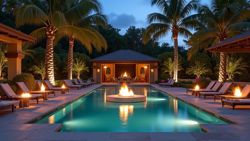 15 Lavish Luxury Pool Landscaping Ideas for a Resort-Level Experience luxury fire features ambiance
