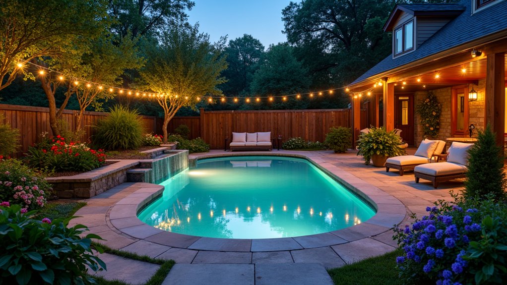 15 Affordable Above Ground Pool Landscaping Ideas for a Fresh Look magical poolside ambiance lights