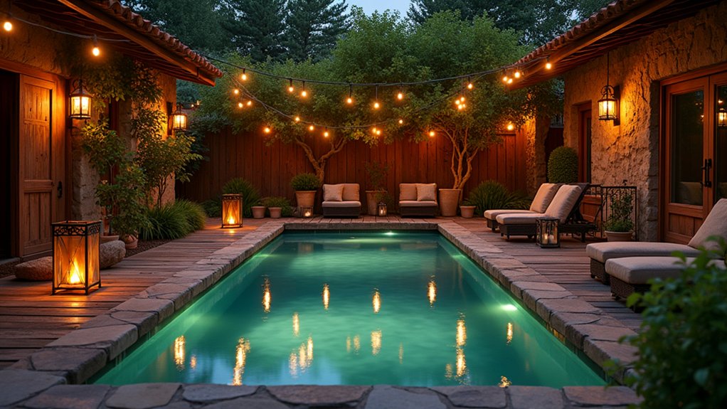15 Rustic Pool Ideas for a Cozy Outdoor Escape magical poolside lighting ambiance