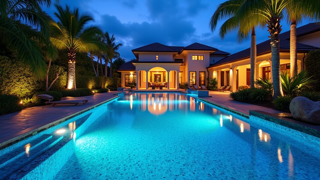 15 Lavish Luxury Pool Landscaping Ideas for a Resort-Level Experience magical underwater lighting ambiance