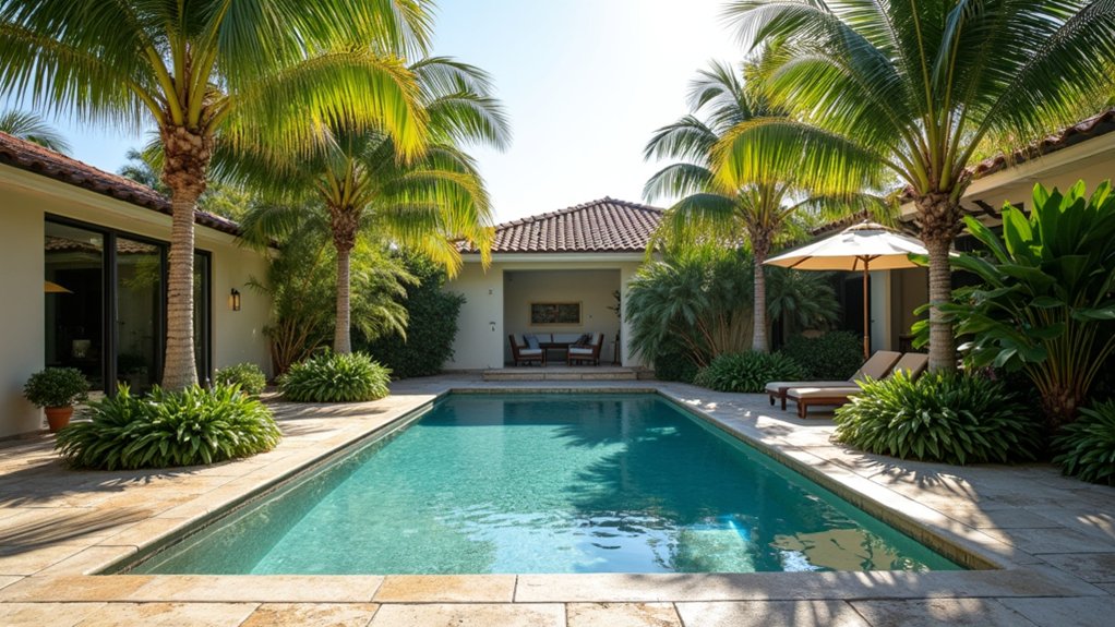 15 Iconic Palm Tree Landscape Ideas Around Pool Spaces That Feel Tropical majestic windmill palms elegance