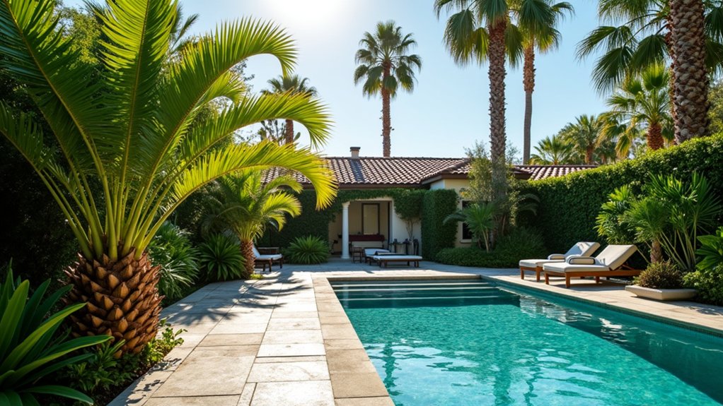 15 Iconic Palm Tree Landscape Ideas Around Pool Spaces That Feel Tropical mediterranean charm low maintenance