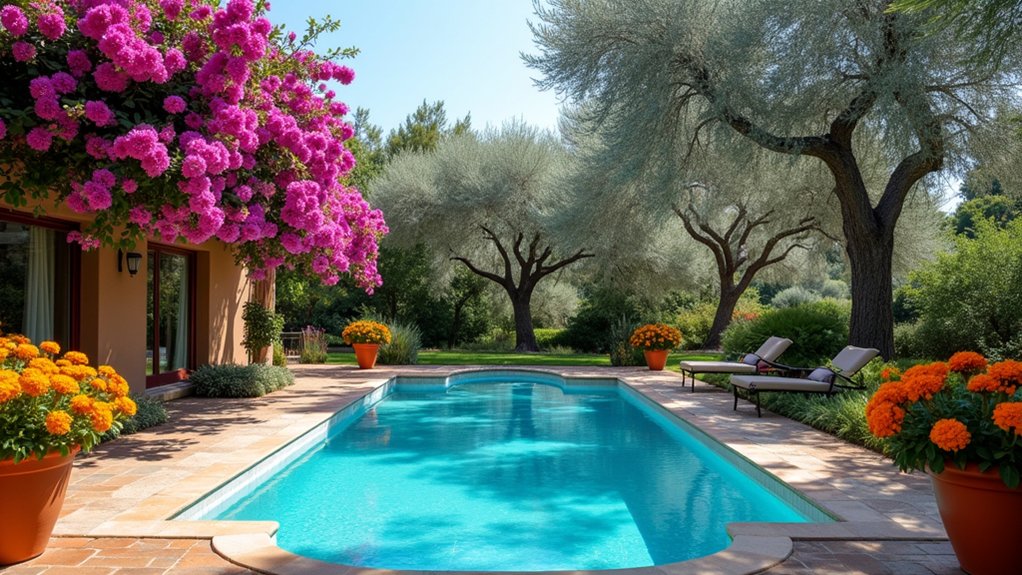 20 Vibrant Pool Landscaping With Flowers to Add Color and Charm mediterranean coastal garden design