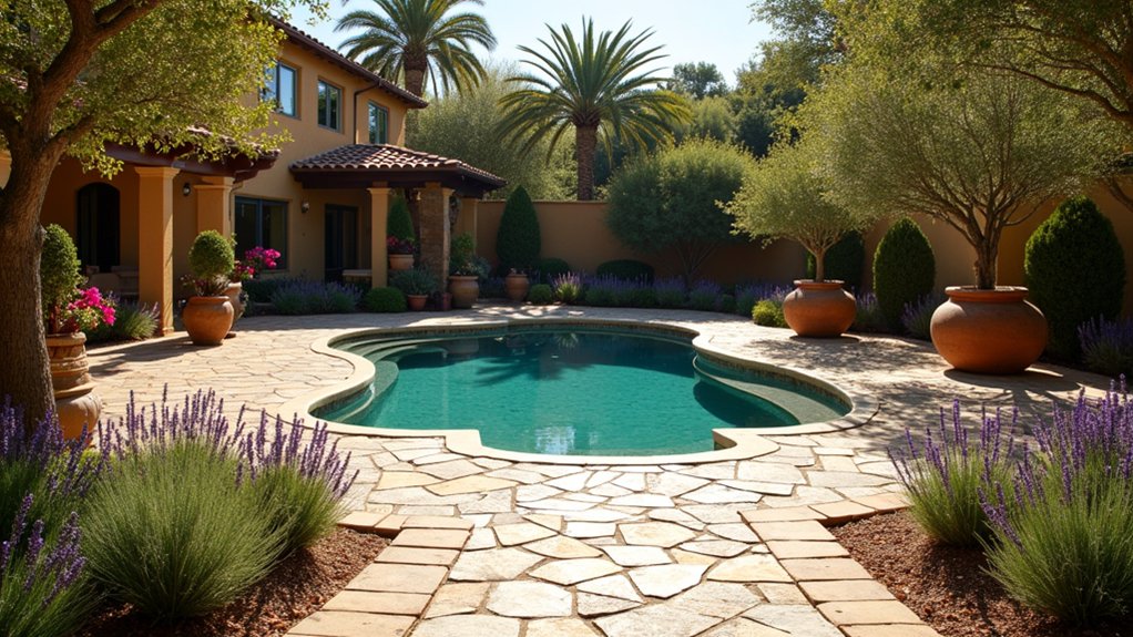 23 Smart Pool Landscaping With Pavers That Upgrade Your Walkways mediterranean poolside paradise escape