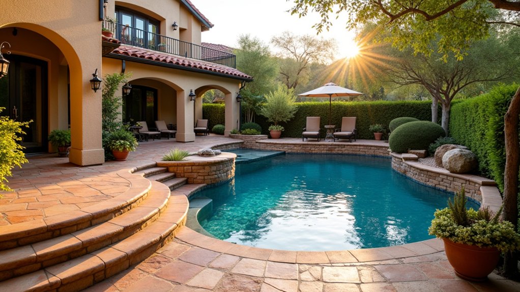 17 Bold Above Ground Pool Deck Multi Level Designs That Add Dimension mediterranean poolside retreat vibes