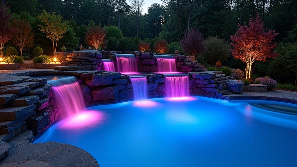 15 Captivating Pool Landscaping Waterfall Ideas That Add Movement and Sound mesmerizing led waterfall effects