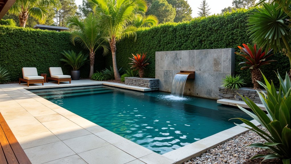 18 Sleek Pool Landscaping With Deck Ideas That Add Seamless Style mix textures for ambiance