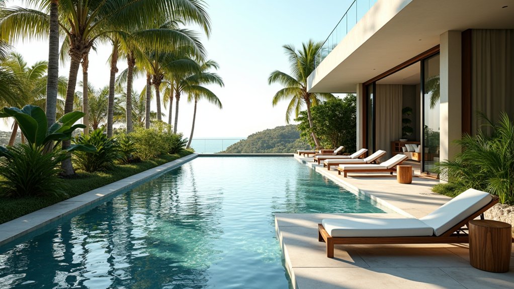 18 Exotic Pool Landscaping With Palm Trees That Scream Vacation Vibes modern elegance by poolside