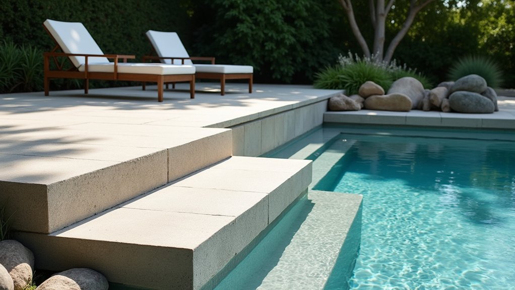 21 Practical Pool Deck Ideas Inground Concrete Designs That Last modern floating concrete steps