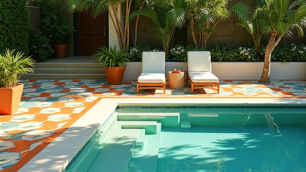 21 Stylish Pool Deck Tile Ideas That Add Color and Pattern modern geometric pool designs