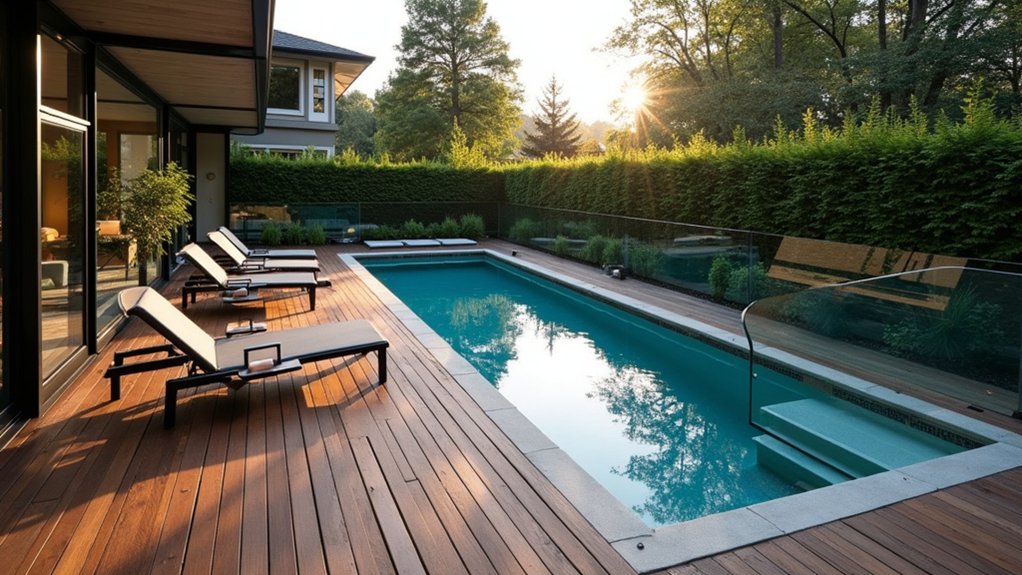 19 Stylish Above Ground Pool Deck Ideas That Elevate Your Backyard Look modern glass railed deck