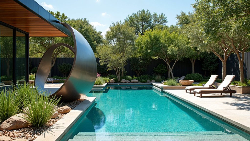 18 Bold Texas Pool Landscaping Ideas That Make a Statement modern metal sculpture focal point