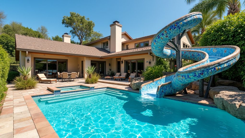 20 Pool Ideas With Slide Additions for Family Fun mosaic artistic pool slide