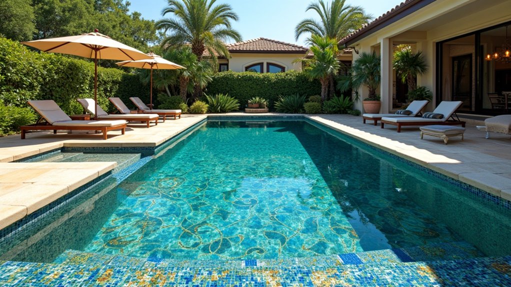 21 Lavish Luxury Pool Deck Ideas That Feel Resort-Ready mosaic tiles enhance elegance