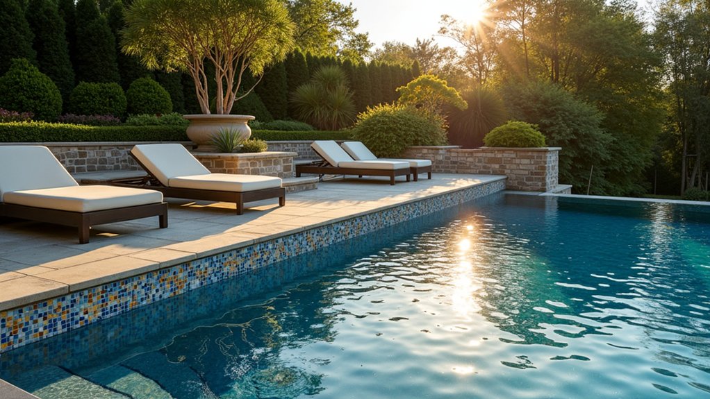 15 Pool Ideas With Tanning Ledge Spaces to Soak up the Sun mosaic tiles for elegance