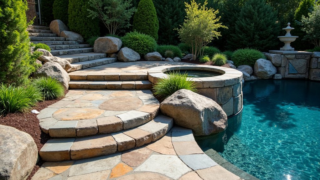 15 Bold Pool Landscaping With Boulders That Make a Statement natural stone pathways elegance