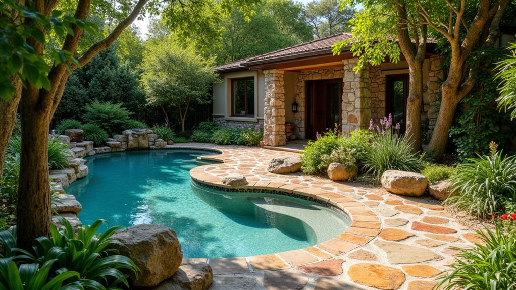 23 Cozy Rustic Pool Landscaping Ideas That Feel Warm and Inviting natural stone poolside charm