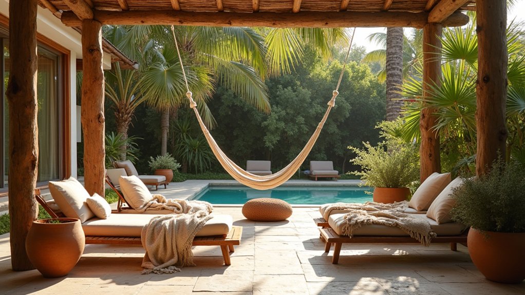 23 Cozy Rustic Pool Landscaping Ideas That Feel Warm and Inviting natural textiles for comfort