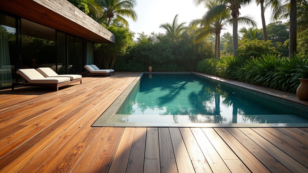 17 Gorgeous Pool Deck Ideas to Upgrade Your Outdoor Space natural wood deck oasis