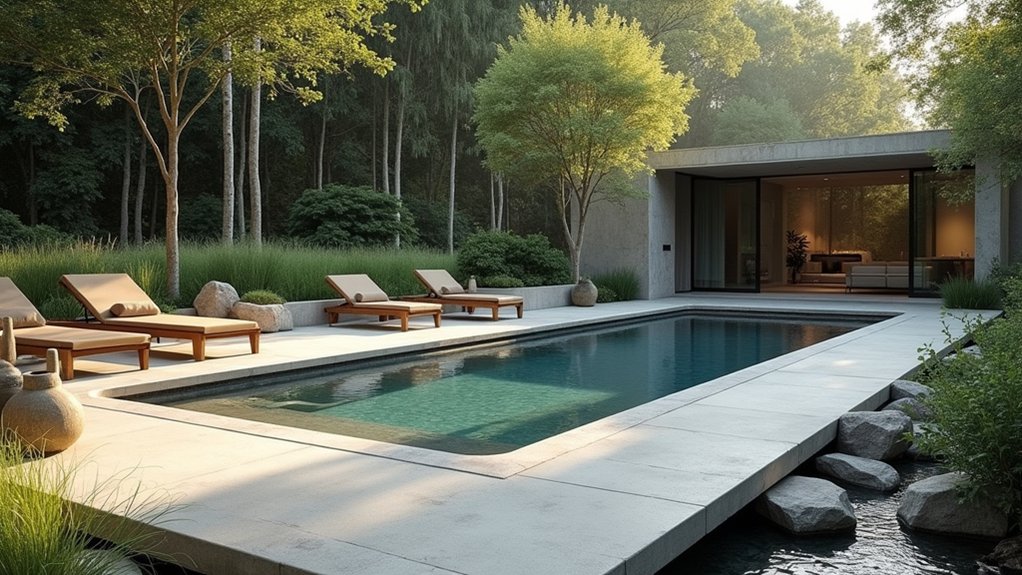 18 Sleek Minimalist Pool Landscaping Ideas That Keep It Simple natural wood poolside aesthetics