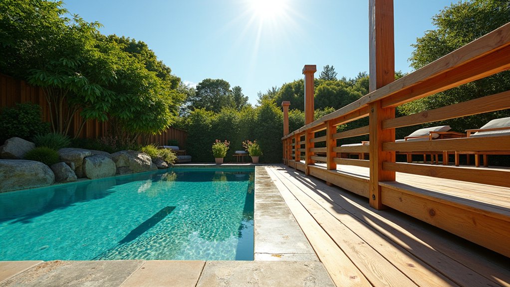 21 Safe and Stylish Pool Deck Railing Ideas to Frame Your View natural wooden pool railings