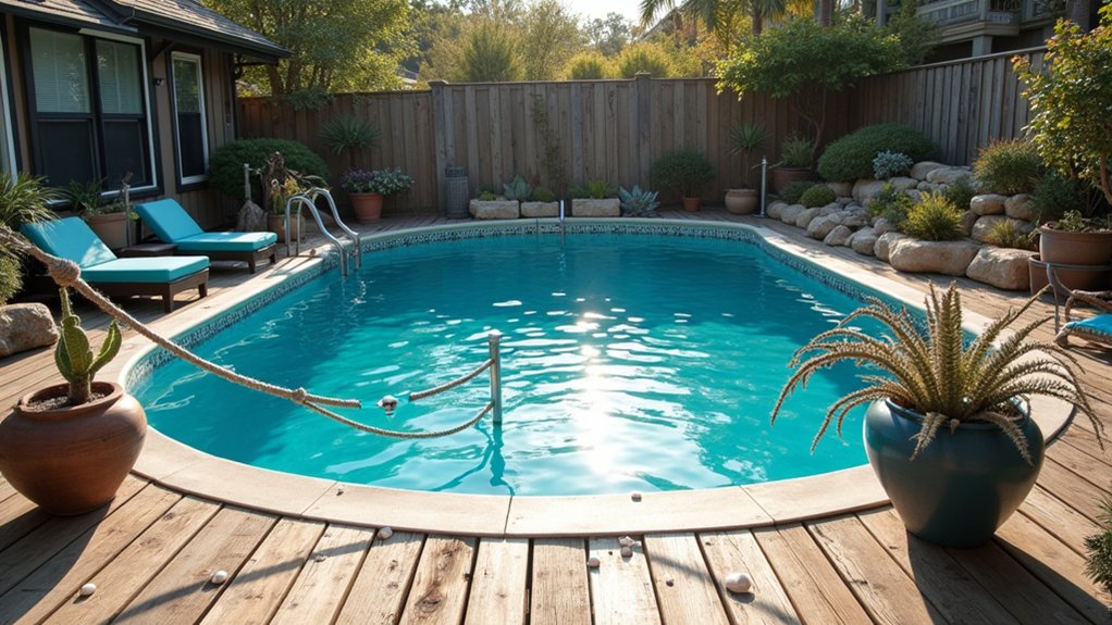 19 Cool Above Ground Pool Half Deck Ideas for Budget-Friendly Builds nautical deck with rope railings